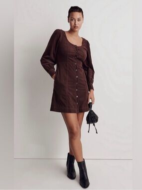 NWT Madewell Dark Brown Button-Front Corduroy Mini Dress